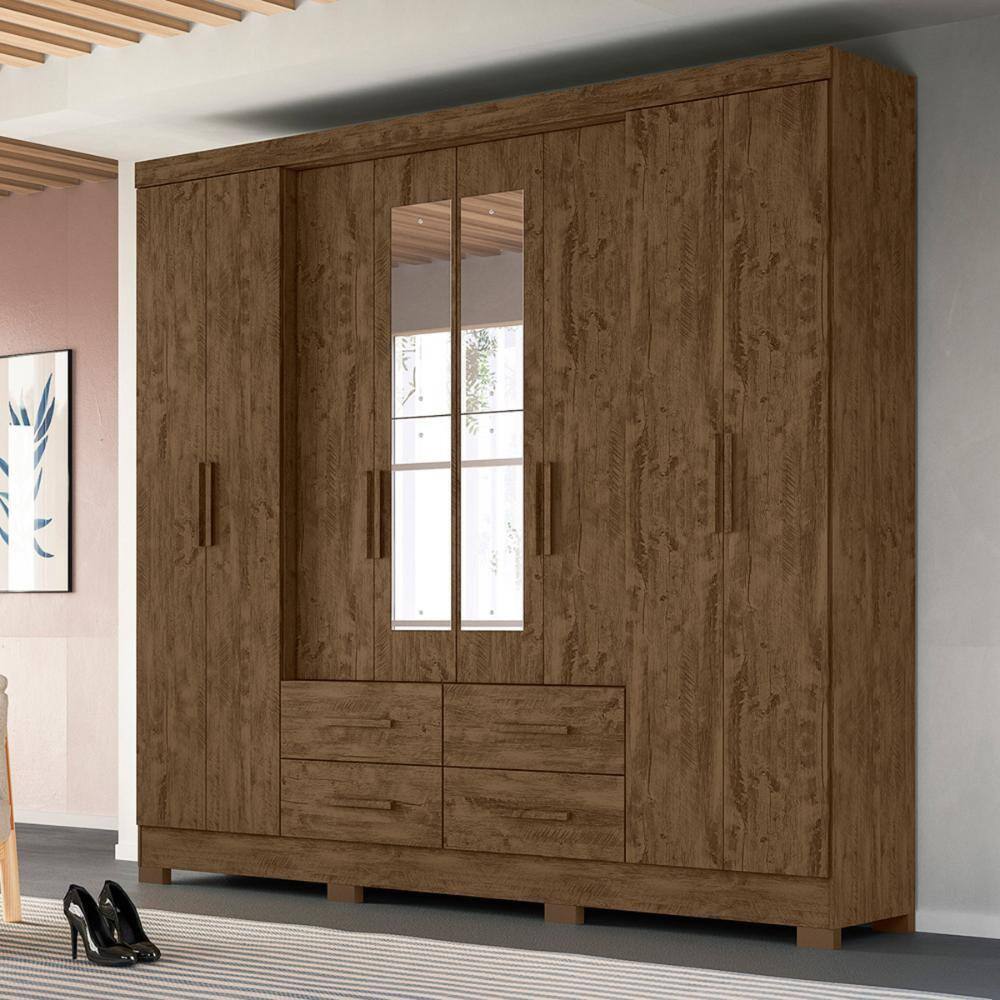 Guarda Roupa Casal 8 portas espelho 4 gavetas Castanho Wood San Lorenzo Plus - Moval