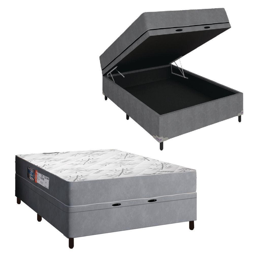 Cama Box Baú Casal Colchão Espuma Egito 138x188x60cm Cinza / Branco Portobel Cinza