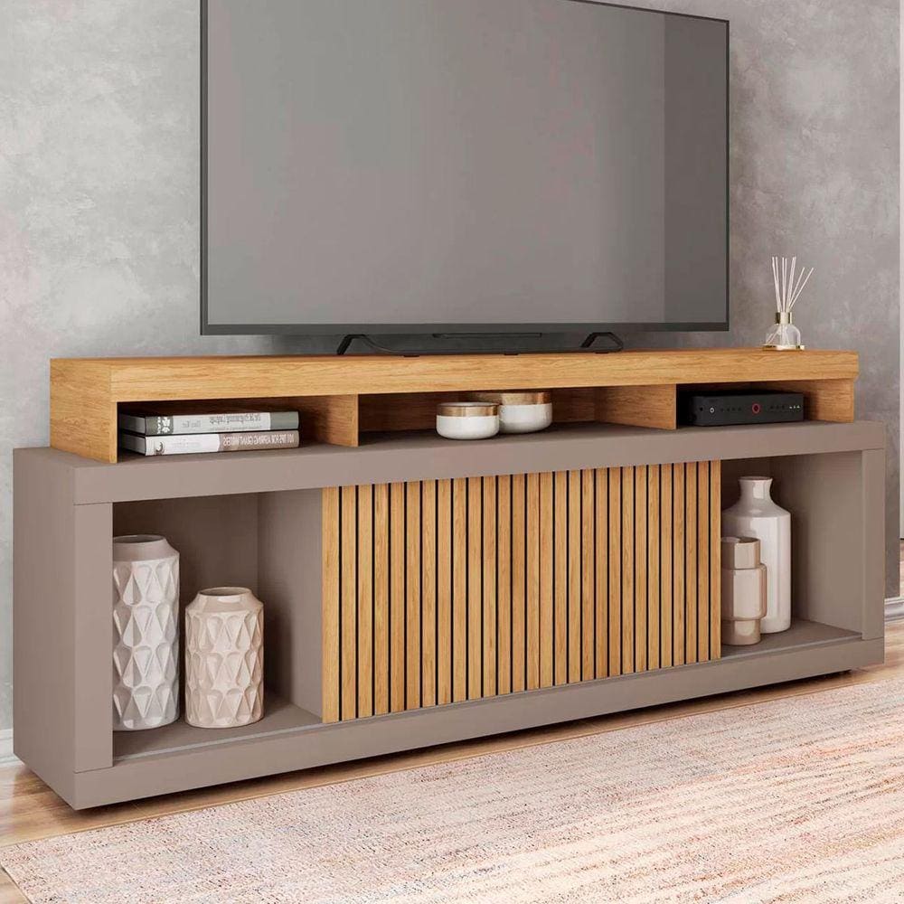 Rack para TV 75 Polegadas 2 Portas com Ripado Aegon Marrom/Cinza - Caemmun