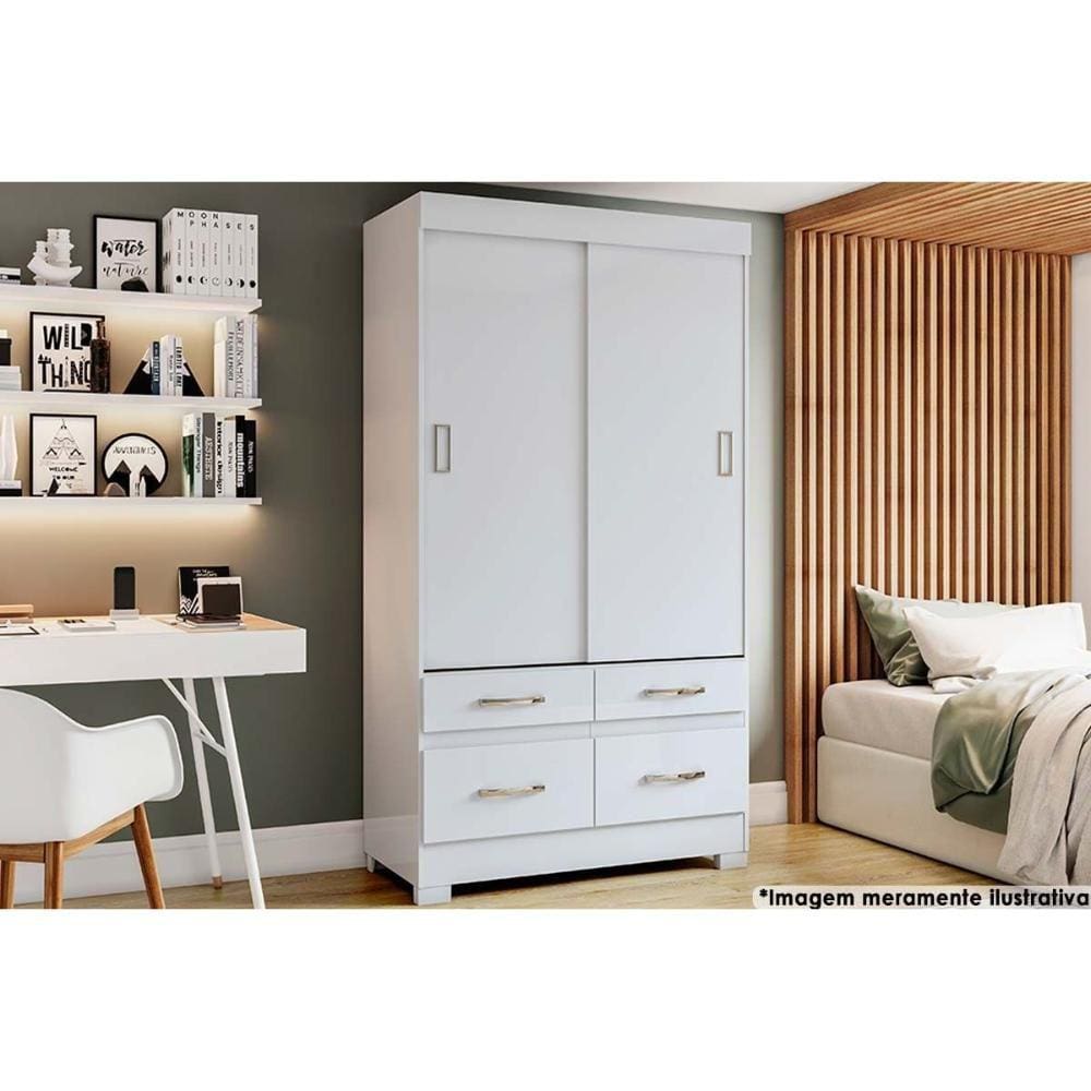 Guarda Roupa Solteiro 2 Portas de Correr e 4 Gavetas c/ Pés Briz BE25 Branco - Henn