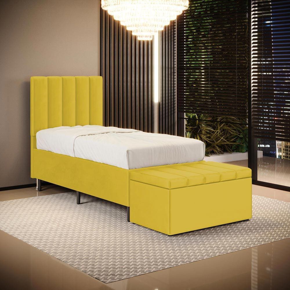 Cabeceira Nashira e Calçadeira Navi 90 para Cama de Solteiro N-035 Veludo Amarelo Aradecor