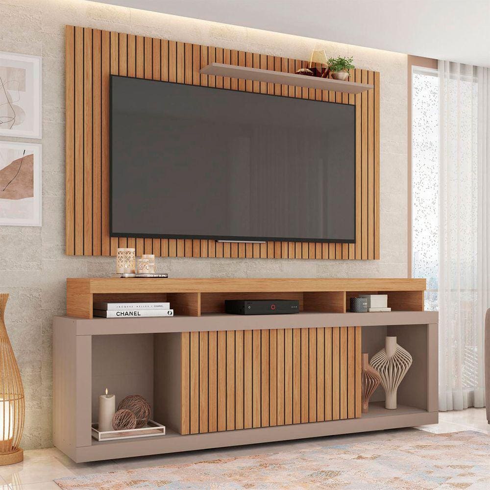 Rack com Painel para TV Até 65 Polegadas New Oscar 2 Portas Ripado Marrom/Cinza - Caemmun
