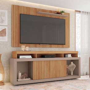 Rack com Painel para TV Até 65 Polegadas New Oscar 2 Portas Ripado Marrom/Cinza - Caemmun
