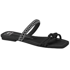 Rasteira Moleca Flat Nó Tira Strass Feminino - Preto