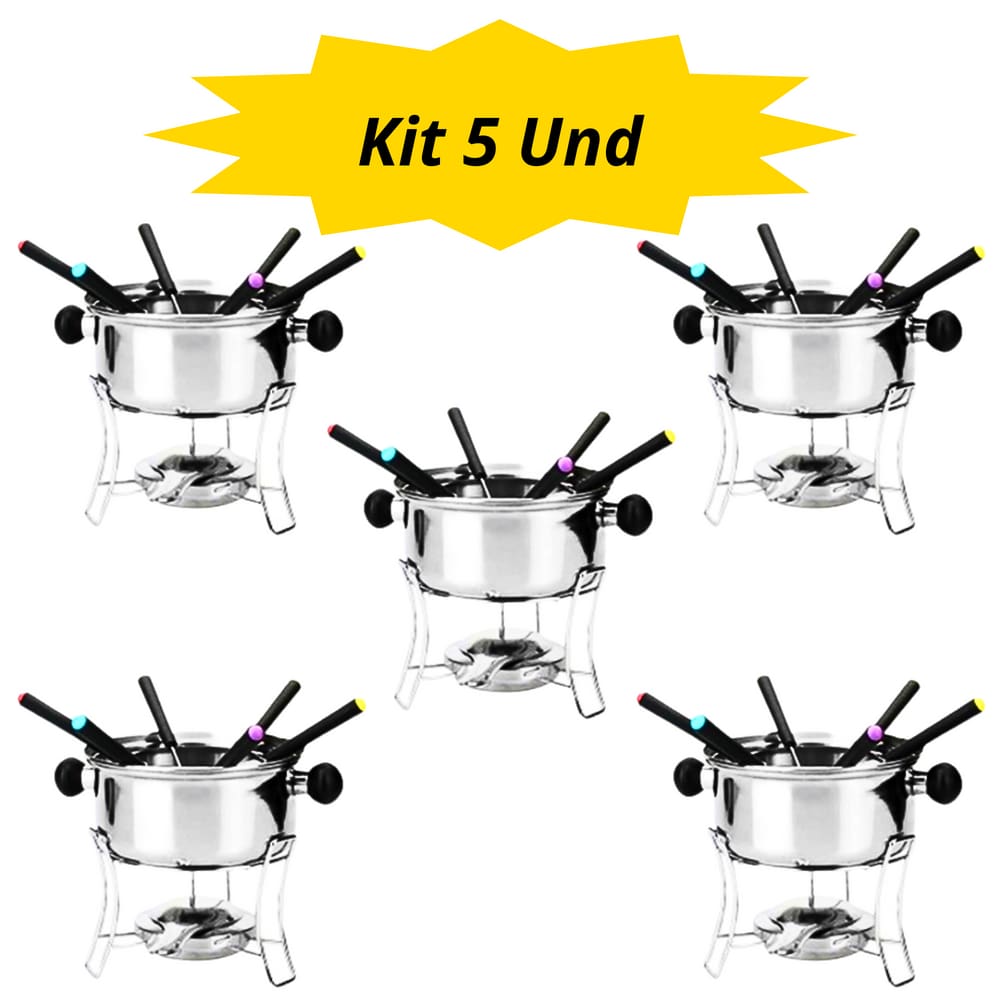 Kit 5 Jogo de Fondue Inox 6 Garfos Suporte Fogareiro - 410ml