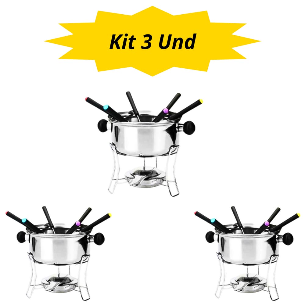 Kit 3 Jogo Fondue Inox - 6 Garfos Suporte Fogareiro - 410ml