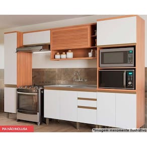 Cozinha Completa Completa Thela Macadâmia (2 Aéreos + 1 Balcão + 2 Paneleiros) 5 Peças Freijo/Branco - Telasul