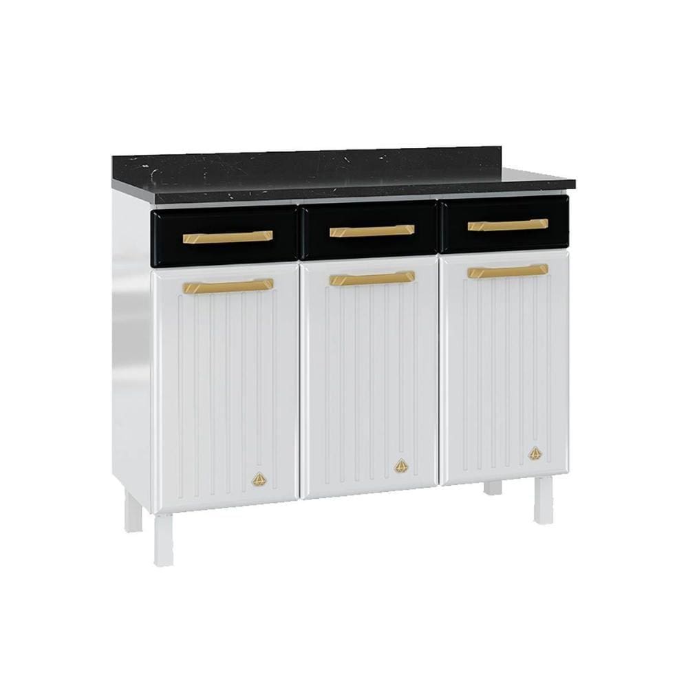 Balcão de Cozinha Modulado Diamante 3 Portas e 3 Gavetas c/ Tampo 105cm Branco/Preto - Telasul