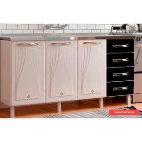 Módulo Cozinha Telasul Star New Balcão 3 Portas e 4 Gavetas s/ Tampo 120cm Branco/Preto