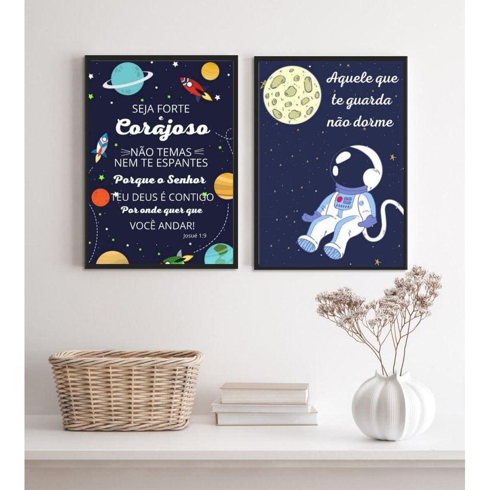 Kit 2 Quadros Infantis Evangélicos Tema Espacial 24X18Cm