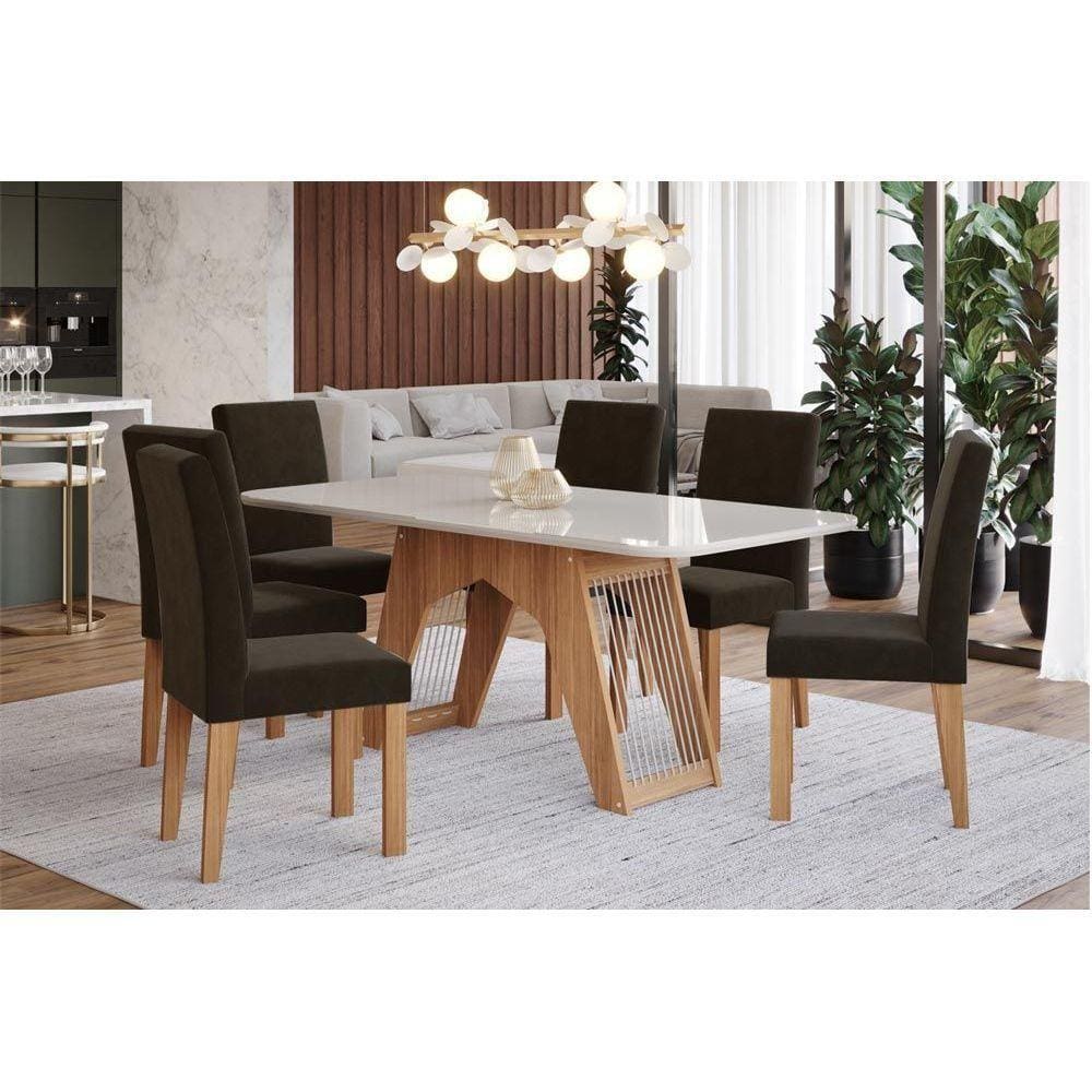 Sala de Jantar Completa Carol c/ Tampo Madeirado c/ Vidro 180cm + 6 Cadeiras Maia Nature/Off White/Mascavo - Cimol