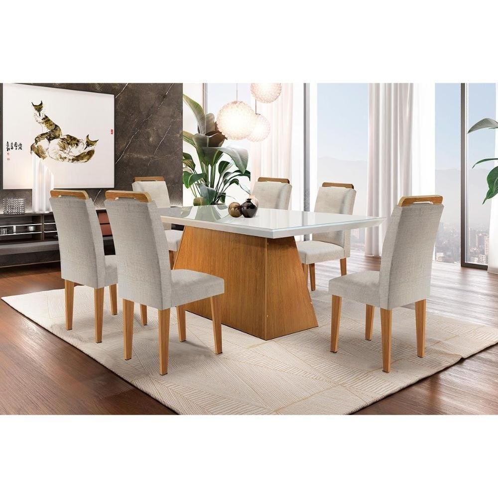 Conjunto: Mesa Sala Jantar Luna c/ Tampo Madeirado c/ Vidro Canto Reto 180cm + 6 Cadeiras Athenas Imbuia/Bege - Rufato