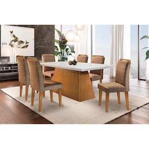 Conjunto: Mesa Sala Jantar Luna c/ Tampo Madeirado c/ Vidro Canto Reto 180cm + 6 Cadeiras Athenas Capuccino/Animale Chocolate - Rufato