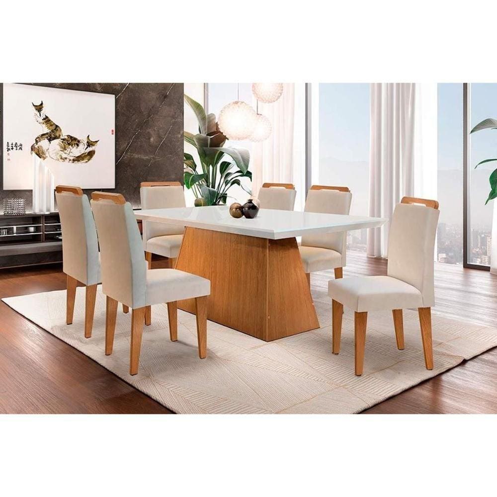 Conjunto: Mesa Sala Jantar Luna c/ Tampo Madeirado c/ Vidro Canto Reto 180cm + 6 Cadeiras Athenas Imbuia/Veludo Creme - Rufato