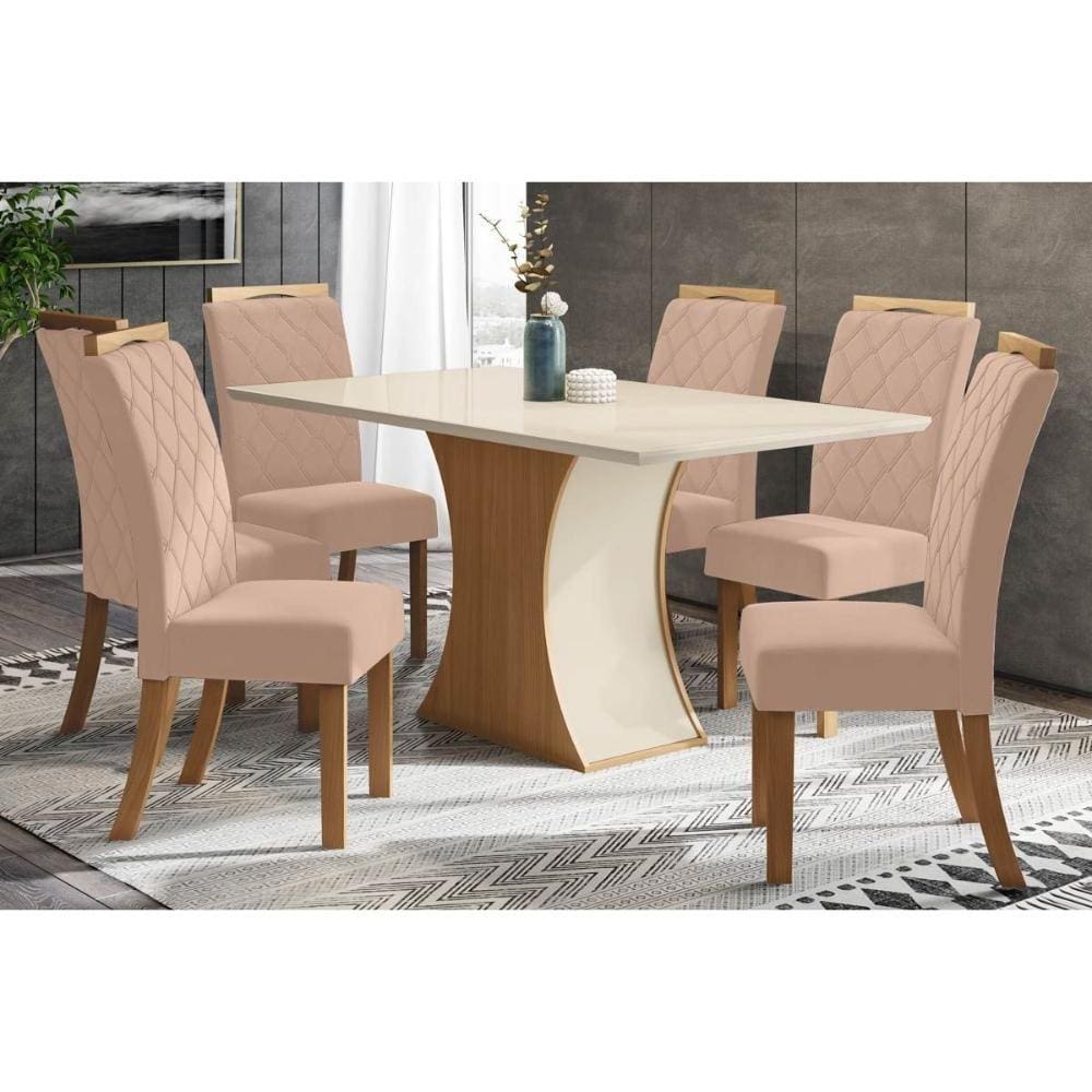 Sala de Jantar Completa Luiza Tampo Madeirado c/ Vidro 160x90cm e 6 Cadeiras Bella Nature/Veludo Light Linho - Henn