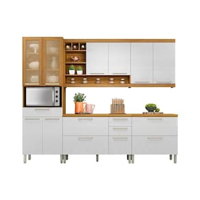 Cozinha Completa Burguesa Premium 5 Peças (2 Armários + 2 Balcões + 1 Paneleiro) C5P24 Freijó/Branco - Nesher