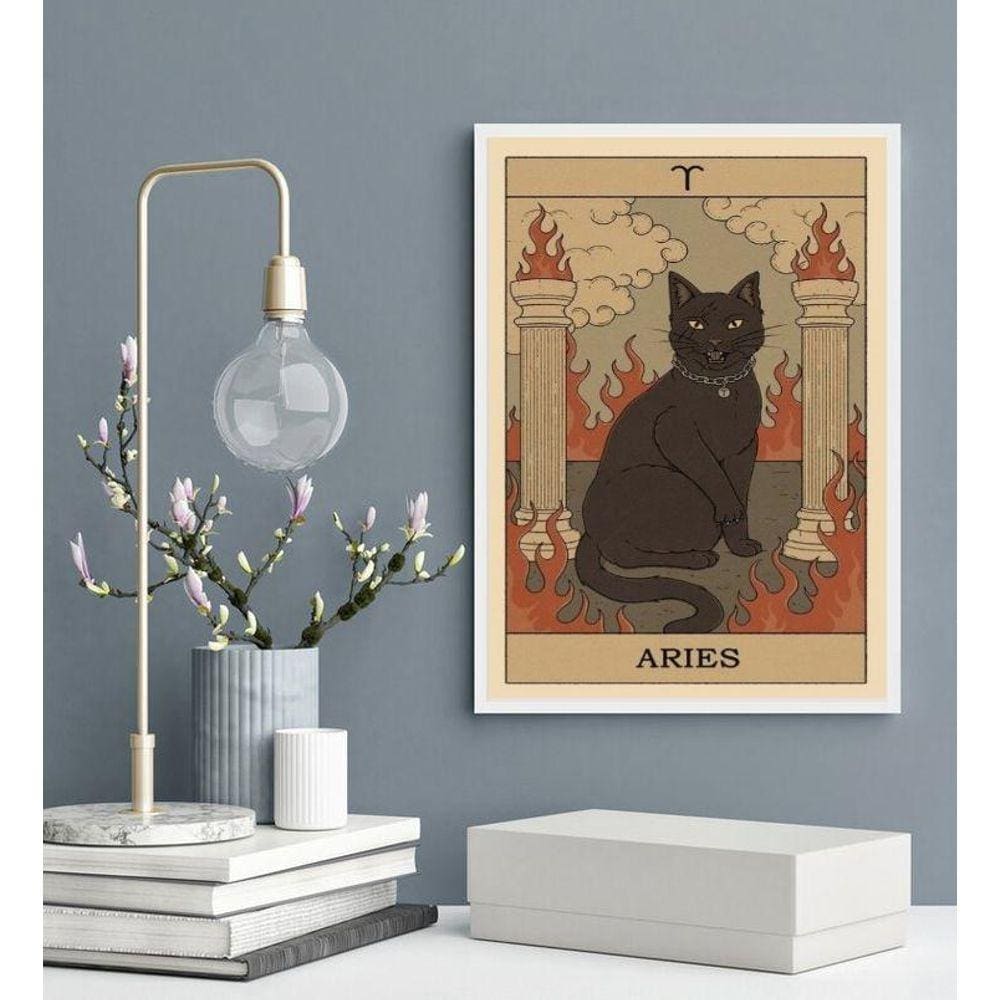 Quadro Carta Tarot Gato Signo Áries 33X24Cm - Com Vidro