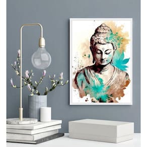 Quadro Decorativo Buda Aquarela Turquesa 45X34Cm - Com Vidro