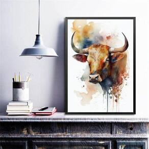 Quadro Decorativo Boi Aquarela 45X34Cm - Com Vidro