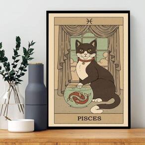 Quadro Carta Tarot Gato Signo Peixes 45X34Cm - Com Vidro