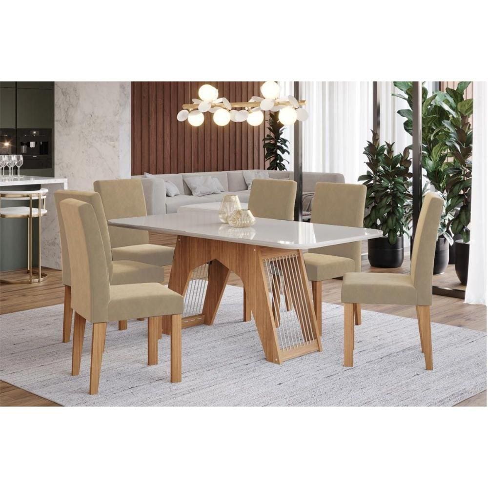 Conjunto: Mesa Sala Jantar Carol c/ Tampo Madeirado c/ Vidro 180cm + 6 Cadeiras Maia Nature/Off White/Gengibre - Cimol