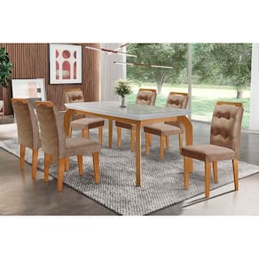 Sala de Jantar Completa Londrina Tampo Madeirado c/ Vidro 180cm + 6 Cadeiras Imperatriz Imbuia/Chocolate Capuccino - Rufato
