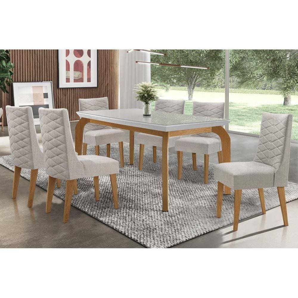 Sala de Jantar Completa Mesa Londrina Tampo Madeirado c/ Vidro 180cm + 6 Cadeiras Dafne Imbuia/Bege - Rufato