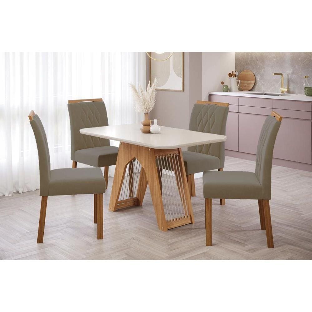 Conjunto: Mesa Sala Jantar Carol c/ Tampo Madeirado c/ Vidro 130cm + 4 Cadeiras Juliana Nature/Off White/Madeira/Joli - Cimol