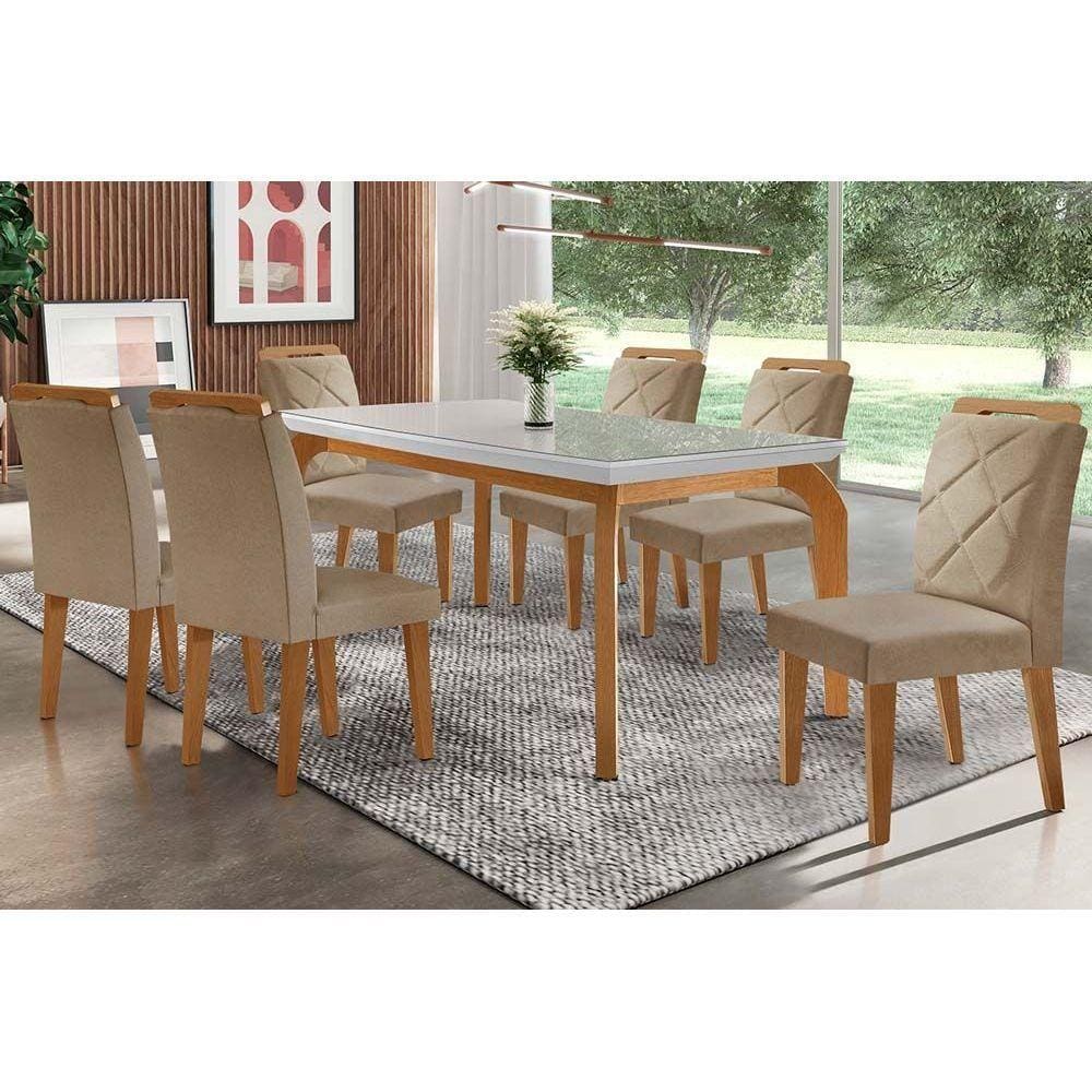 Conjunto: Mesa Sala Jantar Londrina Tampo Madeirado c/ Vidro 180cm + 6 Cadeiras Melissa Imbuia/Linho Turim - Rufato