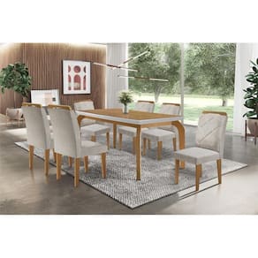 Conjunto: Mesa Sala Jantar Londrina Tampo Madeirado c/ Vidro 180cm + 6 Cadeiras Melissa Imbuia/Bege - Rufato