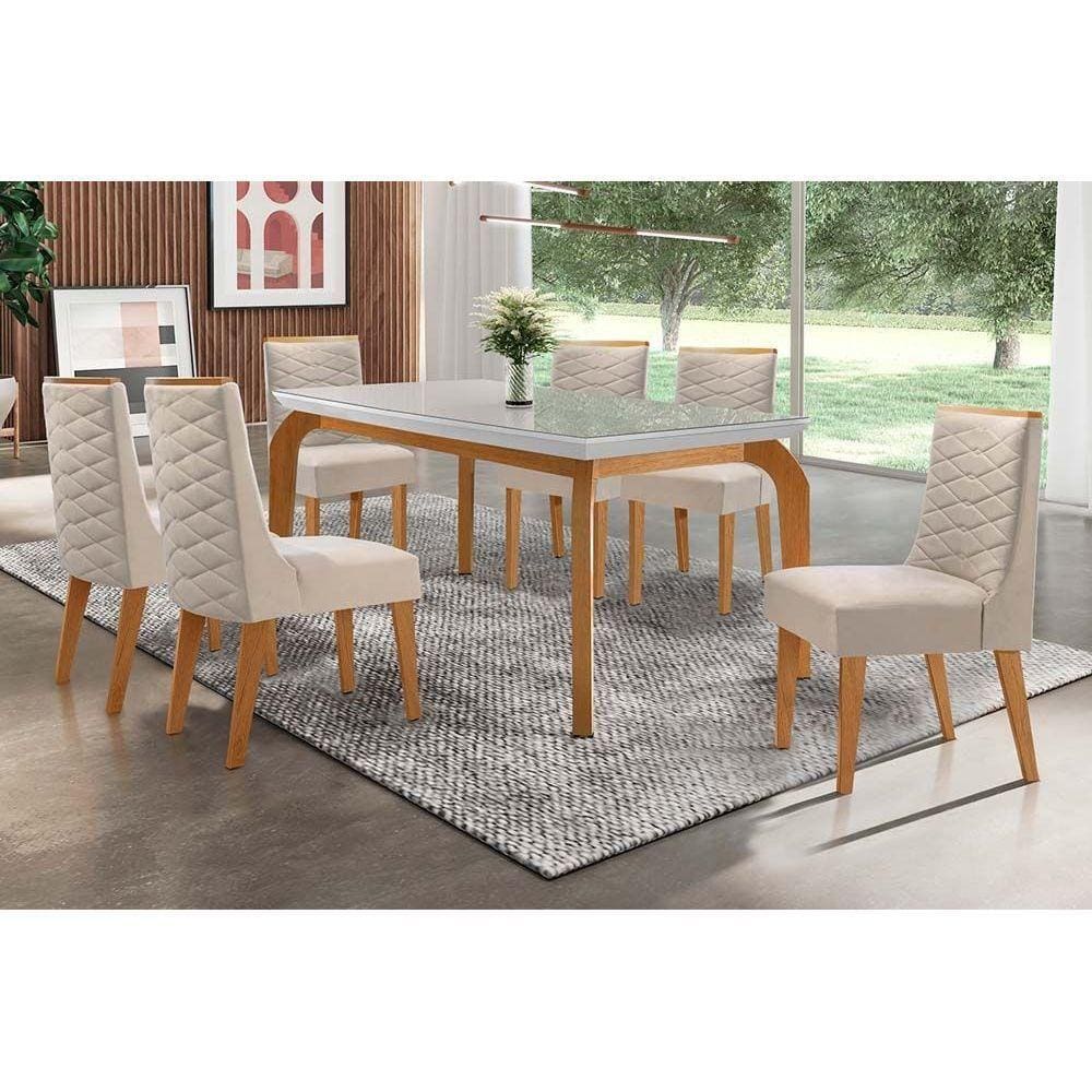 Sala de Jantar Completa Mesa Londrina Tampo Madeirado c/ Vidro 180cm + 6 Cadeiras Dafne Imbuia/Veludo Creme - Rufato