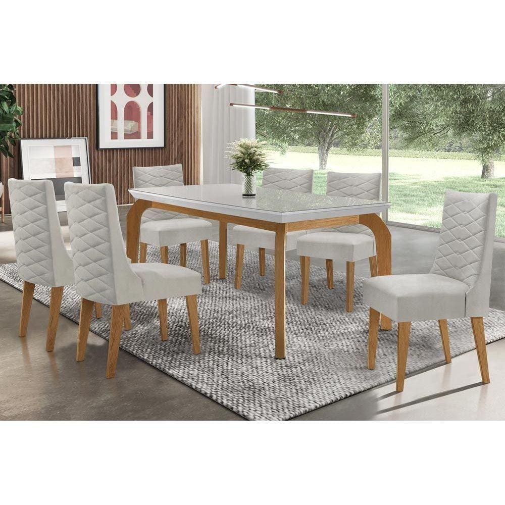 Sala de Jantar Completa Mesa Londrina Tampo Madeirado c/ Vidro 180cm + 6 Cadeiras Dafne Imbuia/Bege Turim - Rufato