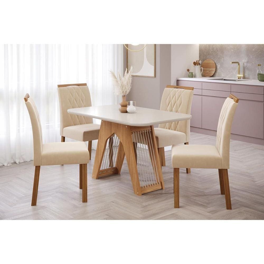 Conjunto: Mesa Sala Jantar Carol c/ Tampo Madeirado c/ Vidro 130cm + 4 Cadeiras Juliana Nature/Off White/Madeira/Nude - Cimol