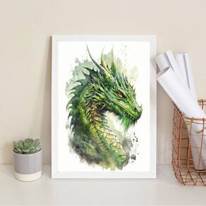 Quadro Decorativo Aquarela Dragão Verde 33X24Cm