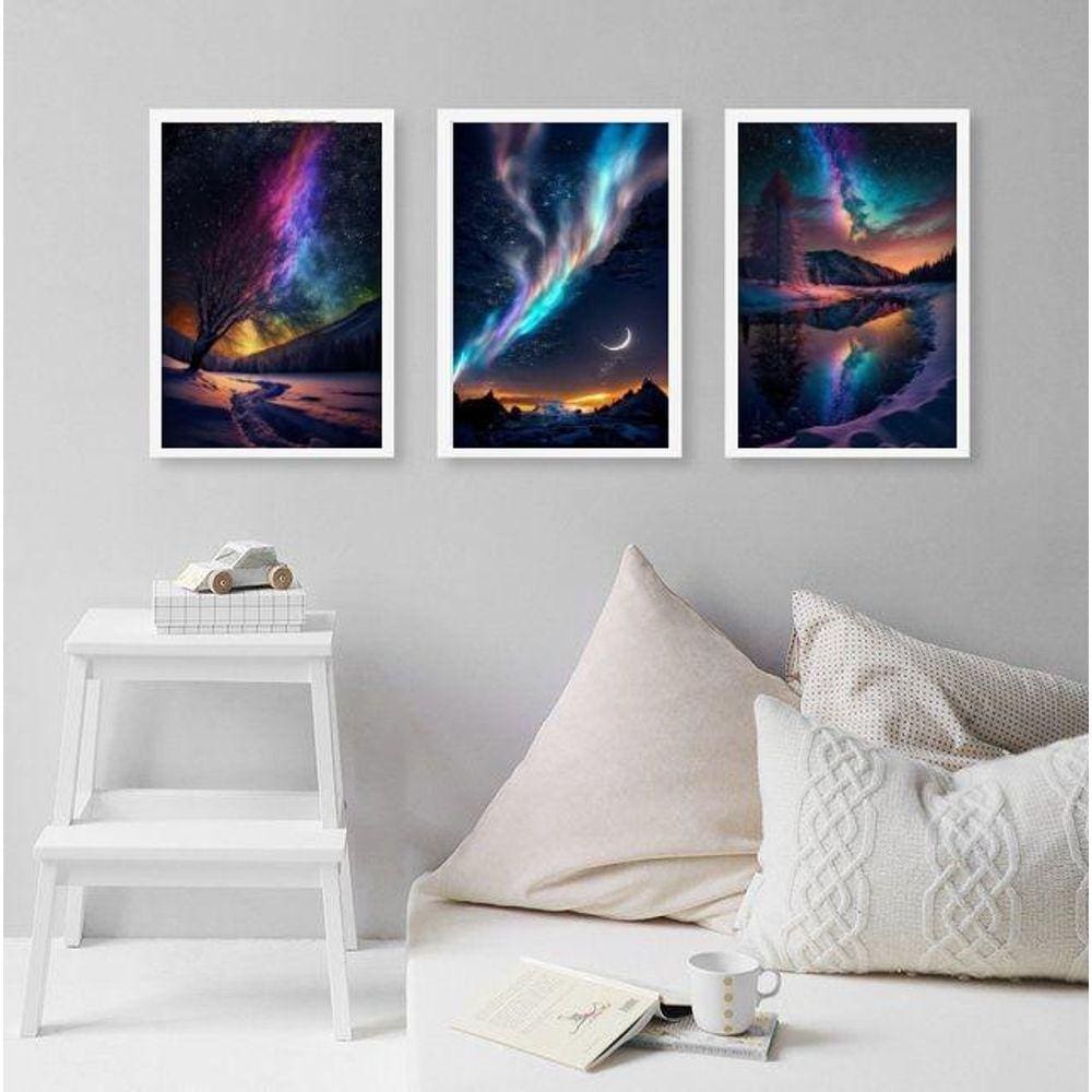 Kit 3 Quadros Decorativos Aurora Boreal 45X34Cm - Com Vidro