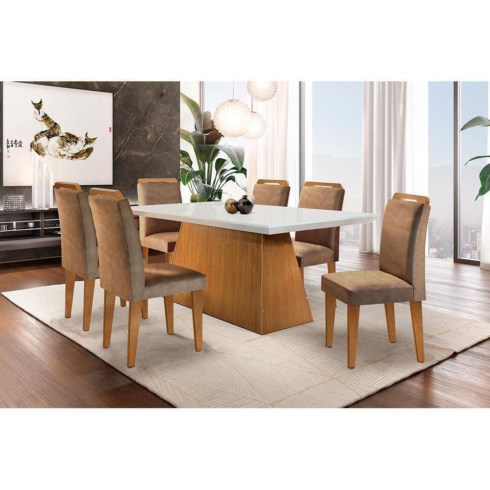 Conjunto: Mesa Sala Jantar Luna c/ Tampo Madeirado c/ Vidro Canto Reto 180cm + 6 Cadeiras Athenas Capuccino/Animale Chocolate - Rufato