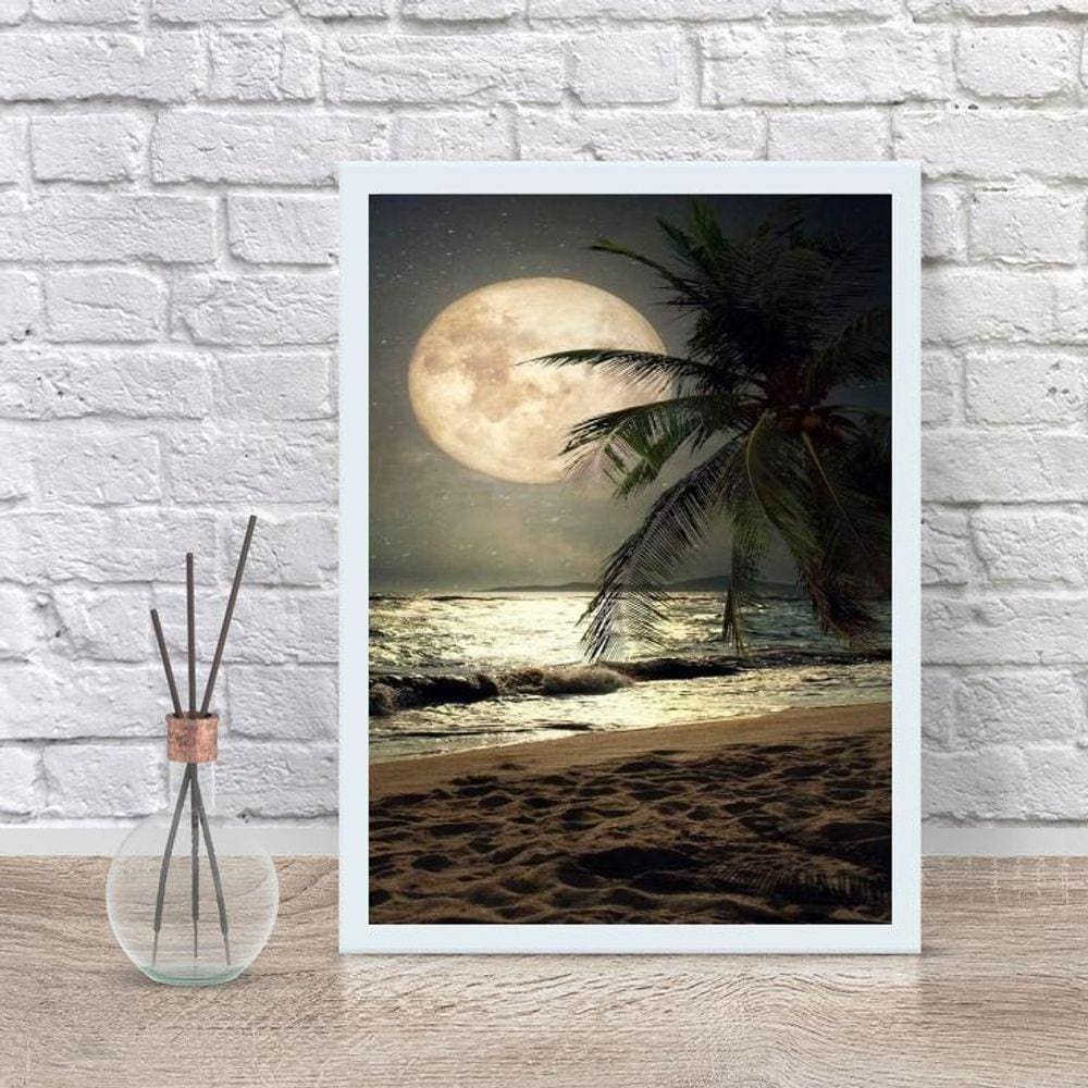 Quadro Decorativo Praia Com Lua Cheia 33X24Cm