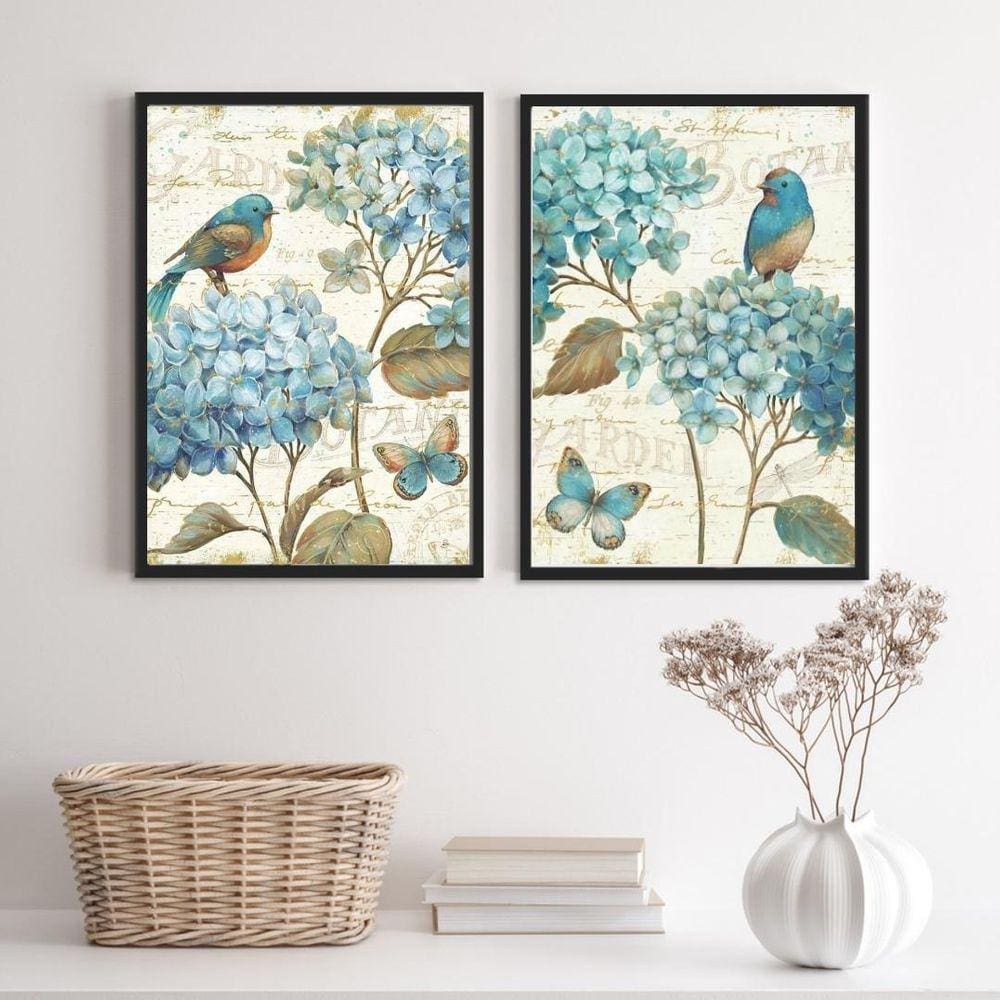 Kit 2 Quadros Decorativos Passarinhos Hortências 45X34Cm