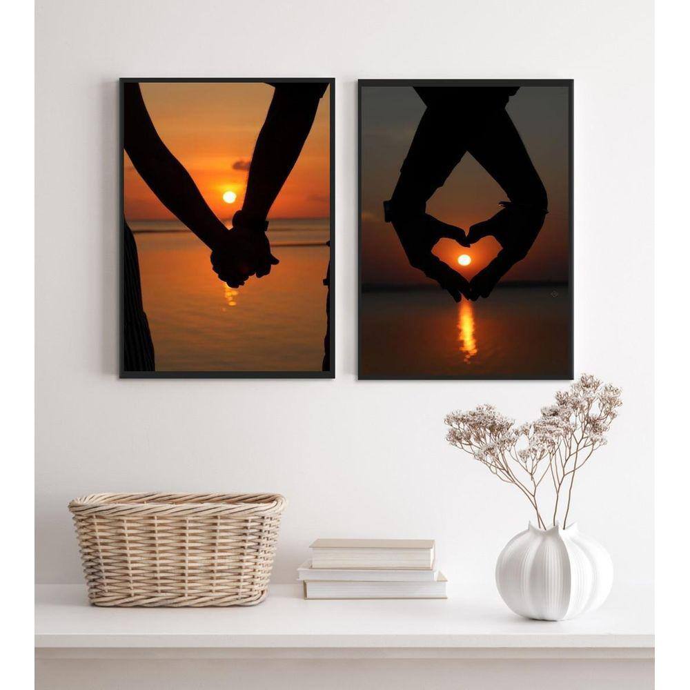 Kit 2 Quadros Decorativos Casal Por Do Sol Praia 24X18Cm