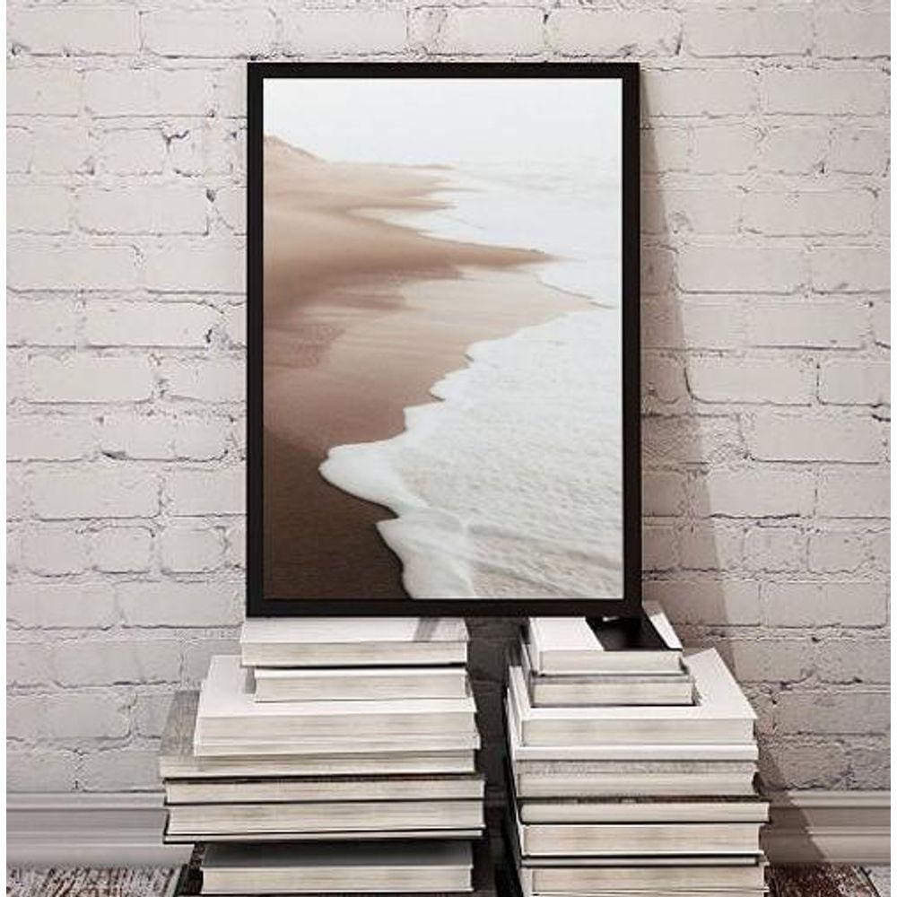 Quadro Fotografia Branca Bege Marrom Praia Mar 24X18Cm Vidro