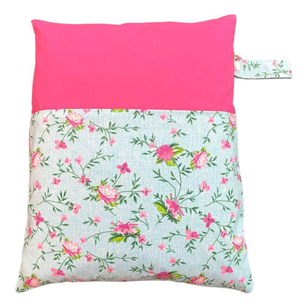 Saco Impermeável Grande Organizador Fralda Roupa Suja Limpa - Flor Pink Fundo Azul