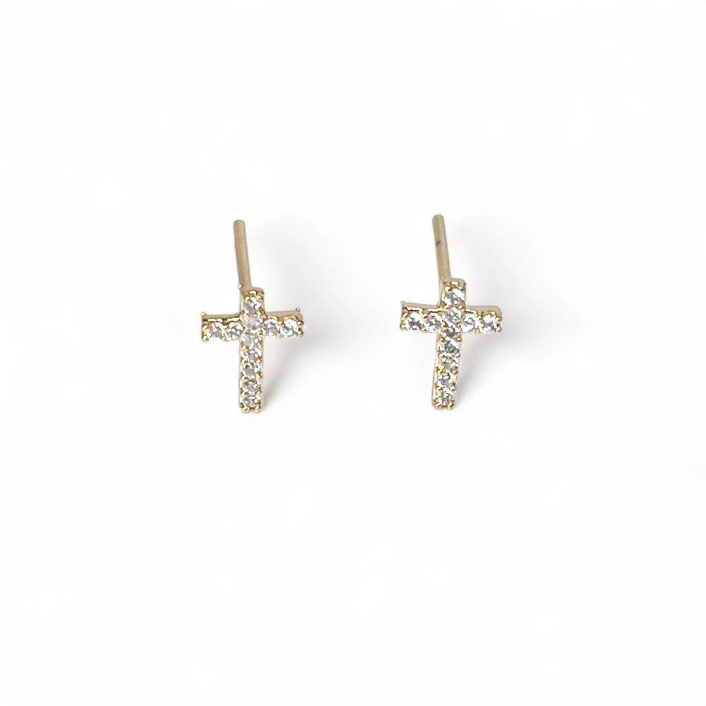 Brinco Feminino De Cruz Cravejada Com Zircônias Folheados a Ouro 18k