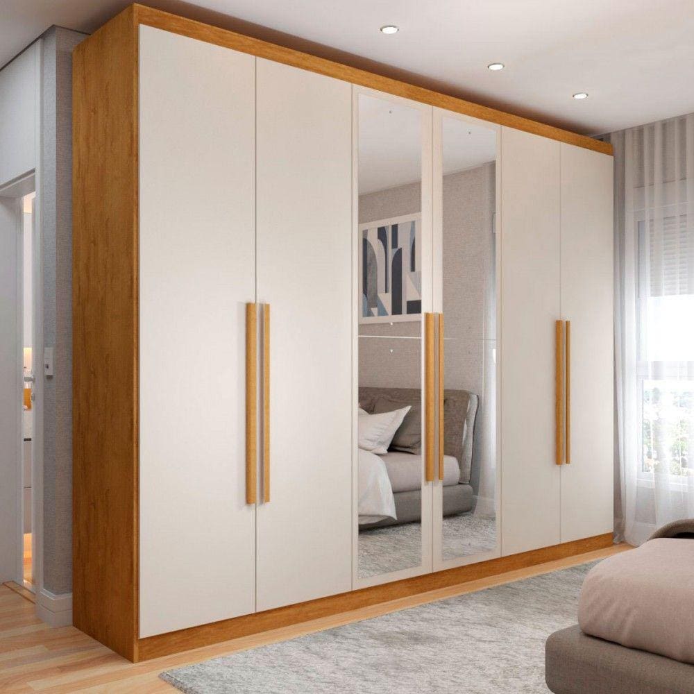 Guarda-Roupa Casal Madalena 6 Portas 4 Gavetas 100% Mdf com Espelho Peroba/Off White - Panorama Móveis