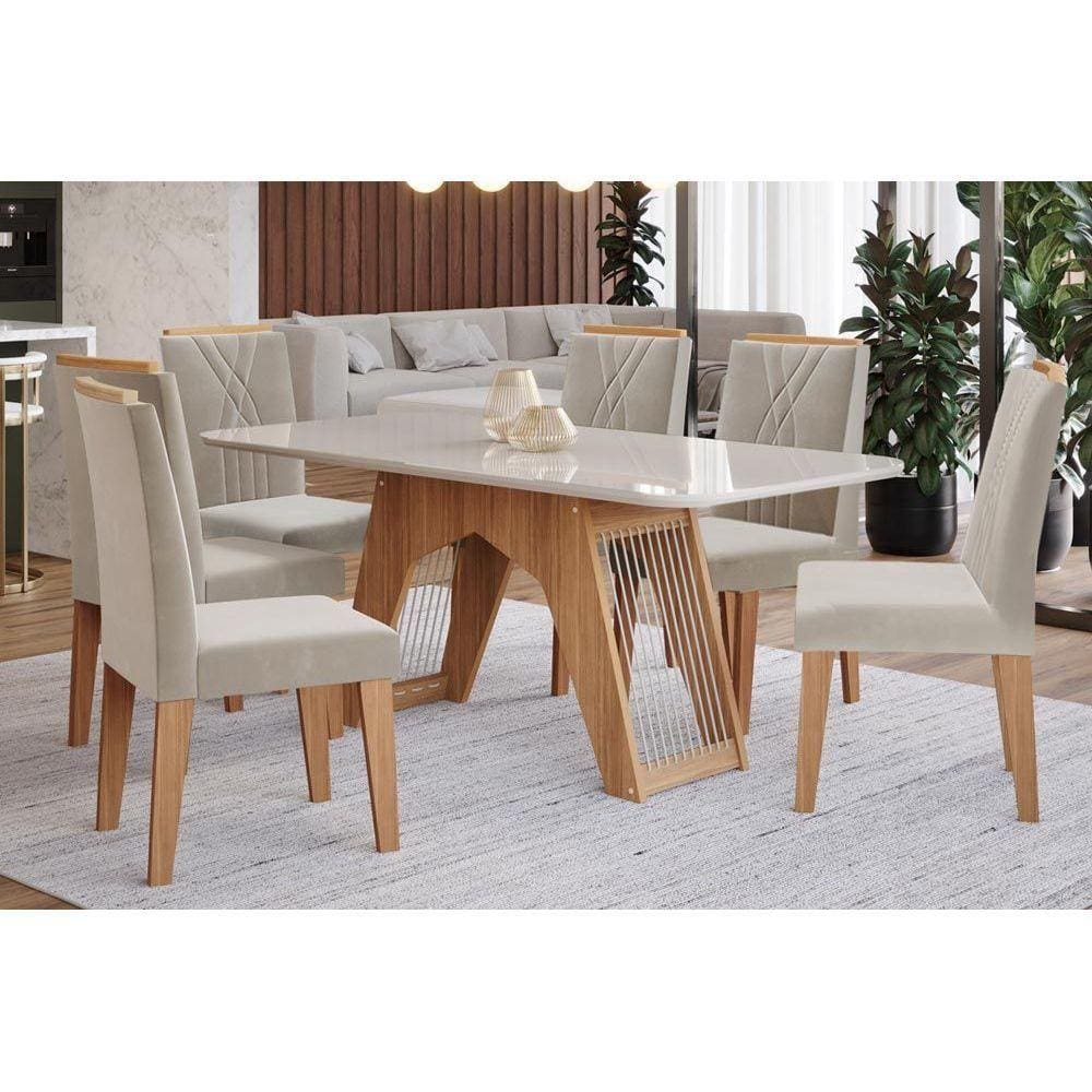 Conjunto: Mesa Sala Jantar Carol c/ Tampo Madeirado c/ Vidro 180cm + 6 Cadeiras Nicole Nature/Off White/Madeira/Nude - Cimol