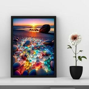Quadro Decorativo Pedras Coloridas Praia Por Do Sol 24X18Cm