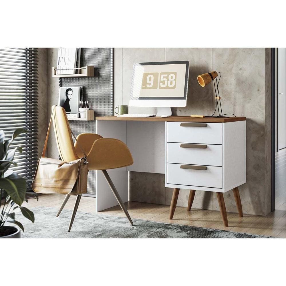 Mesa de Escritório Home Office New Conect c/ 3 Gavetas Branco/Jatoba - Santos Andirá