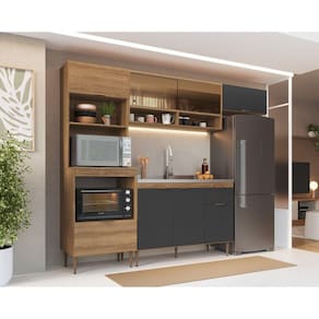 Cozinha Modular com Porta de Vidro Reflecta e Torre Quente para 2 Fornos Veneza Espresso Móveis Mel/Grafite