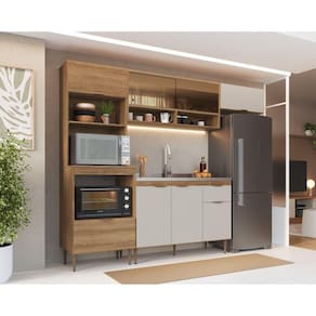 Cozinha Modular com Porta de Vidro Reflecta e Torre Quente para 2 Fornos Veneza Espresso Móveis Mel/Arenas
