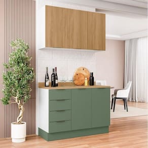 Cozinha Modulada 2 Peças com Tampo 1 Aéreo 3 Portas e 1 Balcão Pia Ipanema Cabecasa Madeiramadeira Verde/Amadeirado