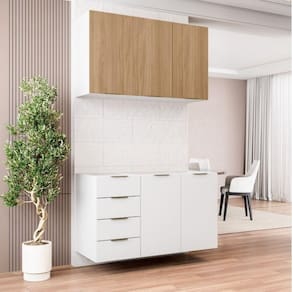 Cozinha Modulada 2 Peças sem Tampo 1 Aéreo 3 Portas e 1 Balcão Pia Ipanema Cabecasa Madeiramadeira Branco/Amadeirado
